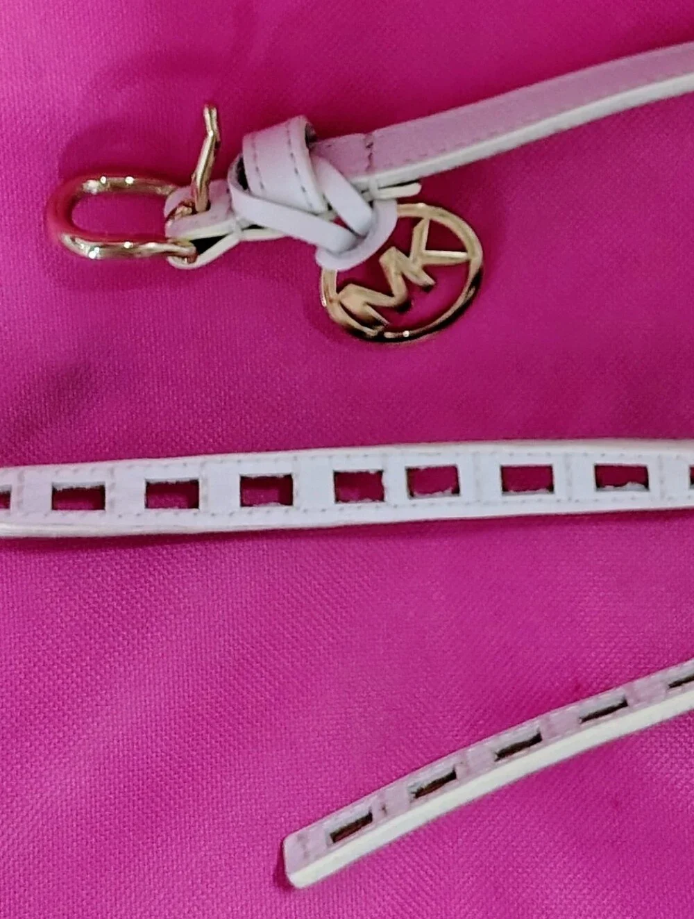 Michael Kors Skinny White Leather Belt w Gold MK Charm & Square Cut-outs